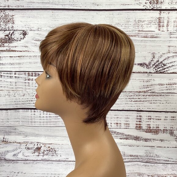 Bio Tapered Wig F2315 Dark Brown Highlights Swoop Heat Safe Adjustable Synthetic - Picture 4 of 7